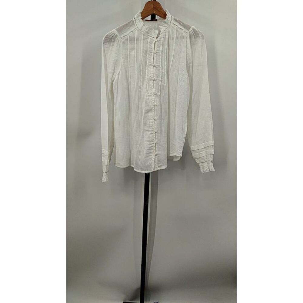 Quince Women Organic Textured Cotton Peasant Blouse White Sleeved Top S